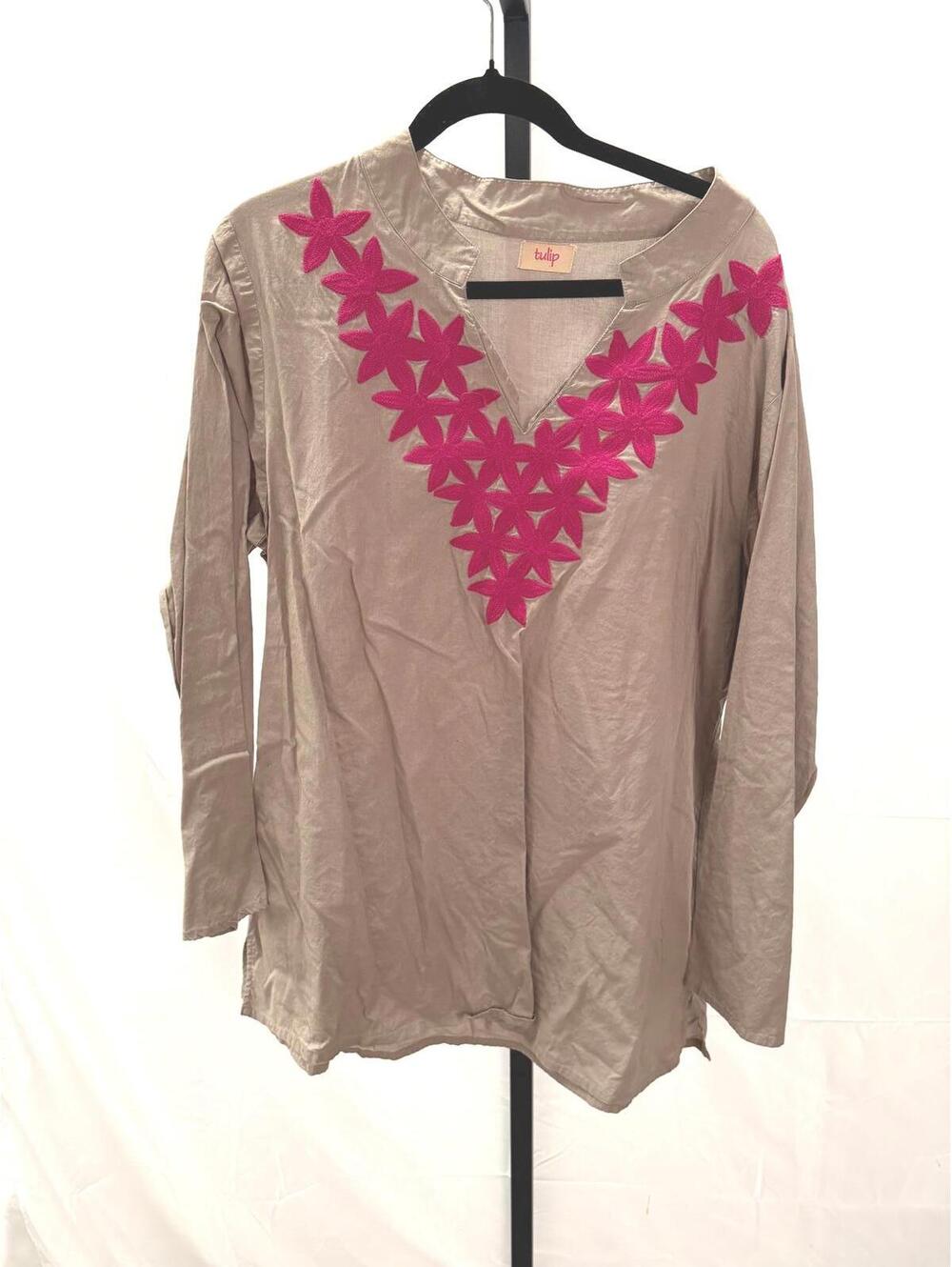 Tulip Tunic Women's Beige Long Sleeve Top with Pink Floral Applique XL